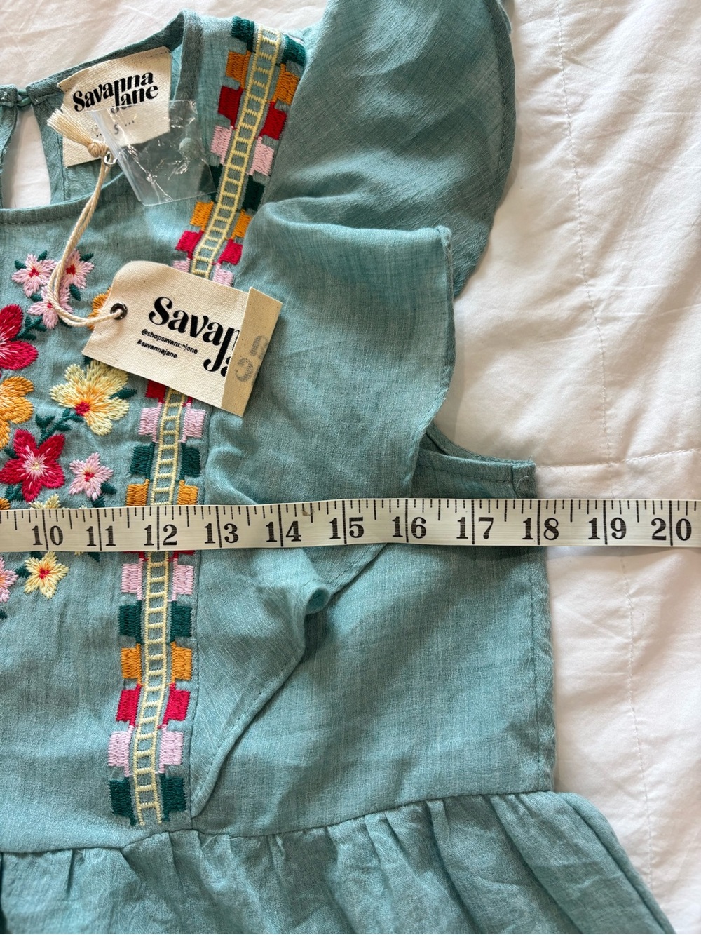 SAVANNA JANE Sz S Embroidered Floral Boho Top Teal Blue Green Ruffles NWT - Picture 6 of 7